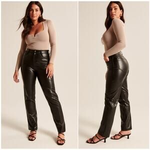 ABERCROMBIE -NWT- The Ankle Straight High Rise Vegan Leather Pants Black | 6S